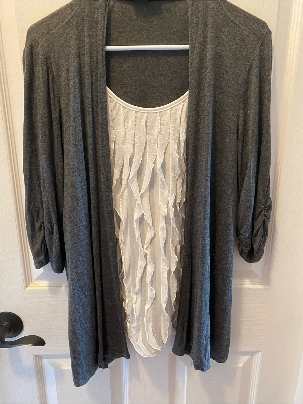 Rouge Helium Dark Gray Open-Front Cardigan with White Ruffled Tank